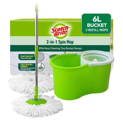 Scotch-Brite 2-in-1 Bucket Spin Mop (Green, 2 Refills), 4 Pcs